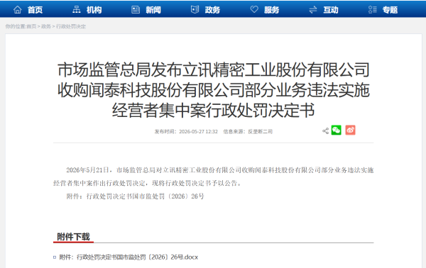 立讯精密被罚90万元：收购闻泰科技部分业务未事先申报，构成违法实施经营者集中
